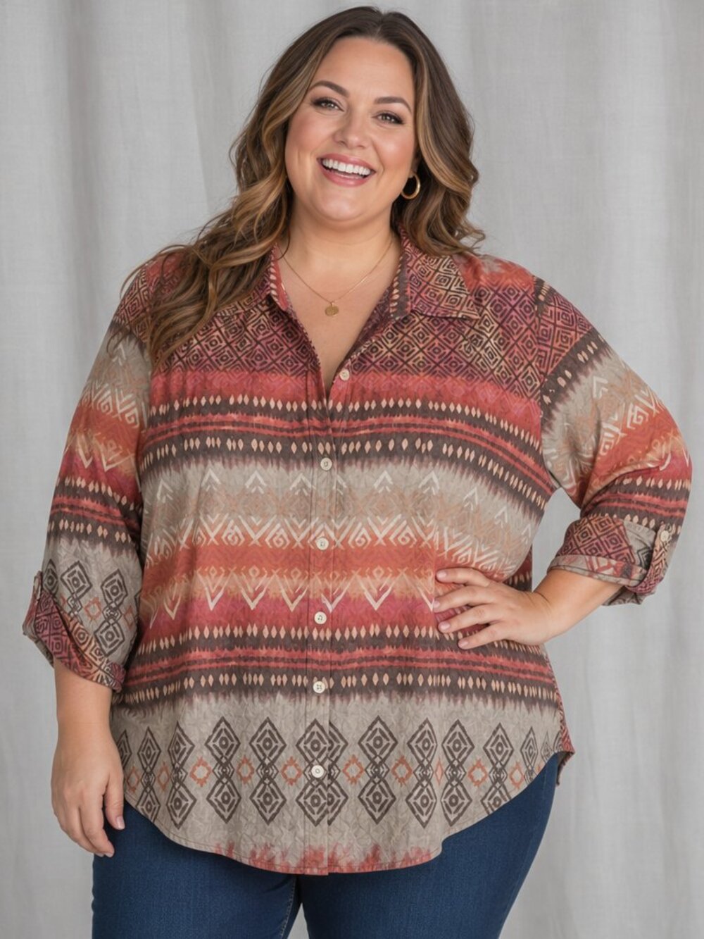Basic Editions Coral & Tan Aztec-Print Button-Down Shirt – Size 2X Like New